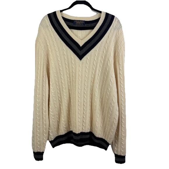 Vintage 80s Brooks Brothers Cable Knit Tennis Sweater 100% Wool Made In Japan - Picture 1 of 15